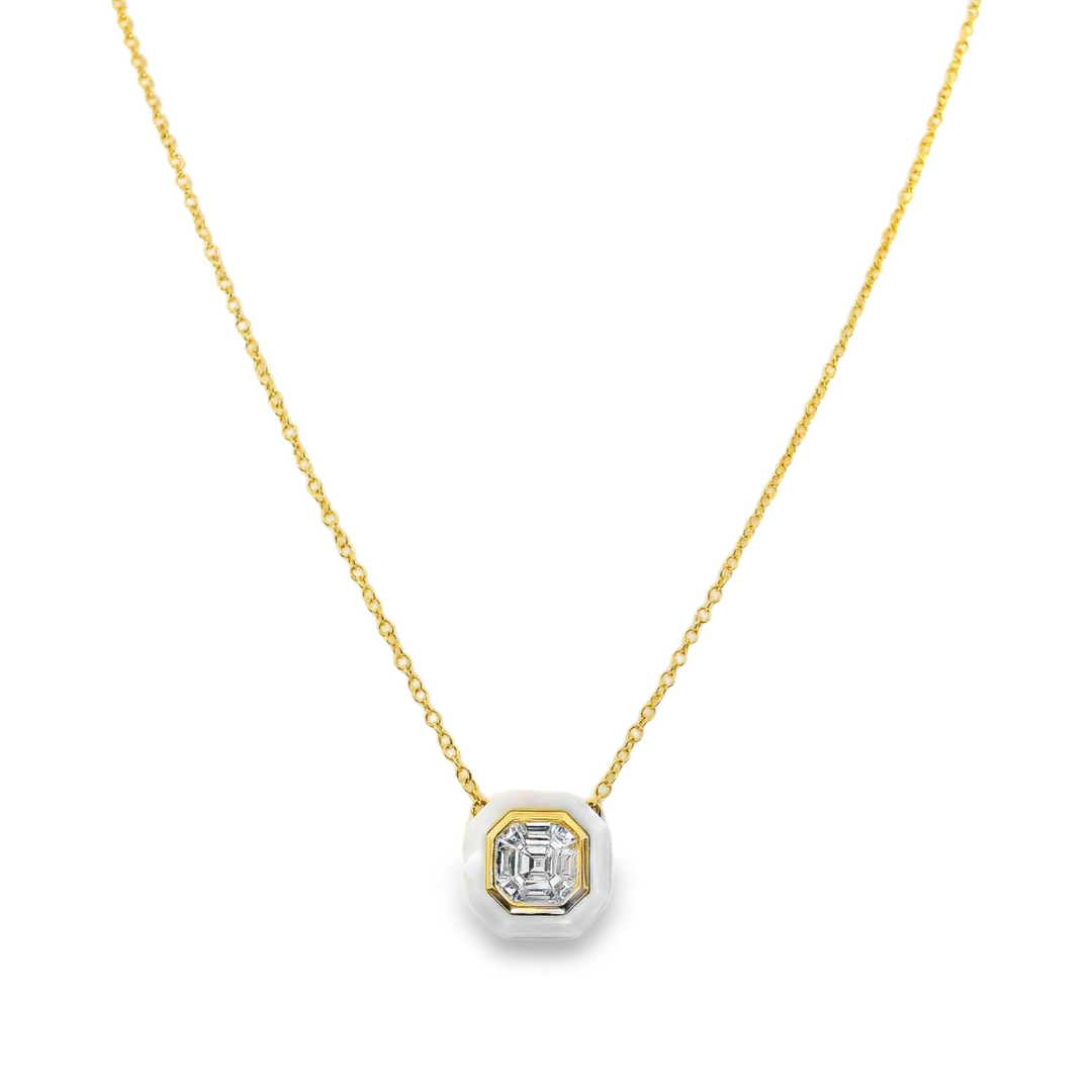 18K Yellow Gold - Invisible Set Diamond & White Agate Necklace - J35005