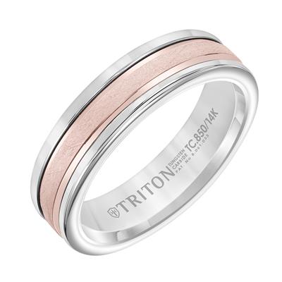 Tungsten & 14K Rose Gold - Crystalline Finish Round Edge Wedding Band - J31609