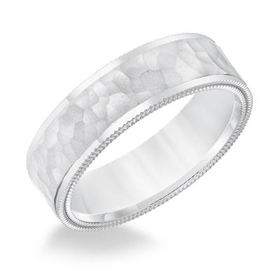 14K White Gold - Flat Top Flat Edge Carved Wedding Band - 21885