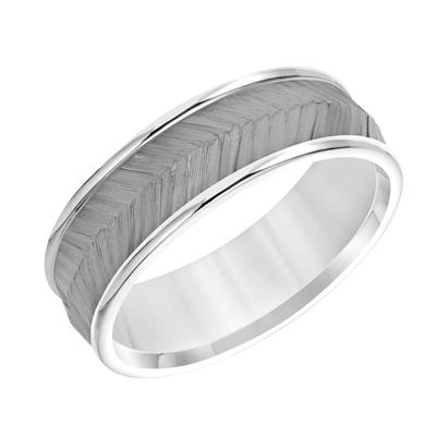 14K White Gold - Low Dome Flat Edge Carved Wedding Band - J31524