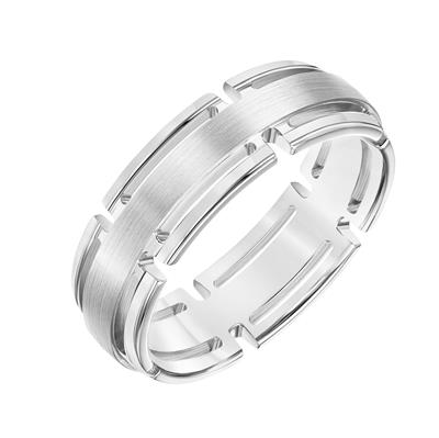14K White Gold - Low Dome Round Edge Carved Wedding Band - J32571