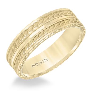 14K Yellow Gold - Flat Top Flat Edge Carved Wedding Band - J36240