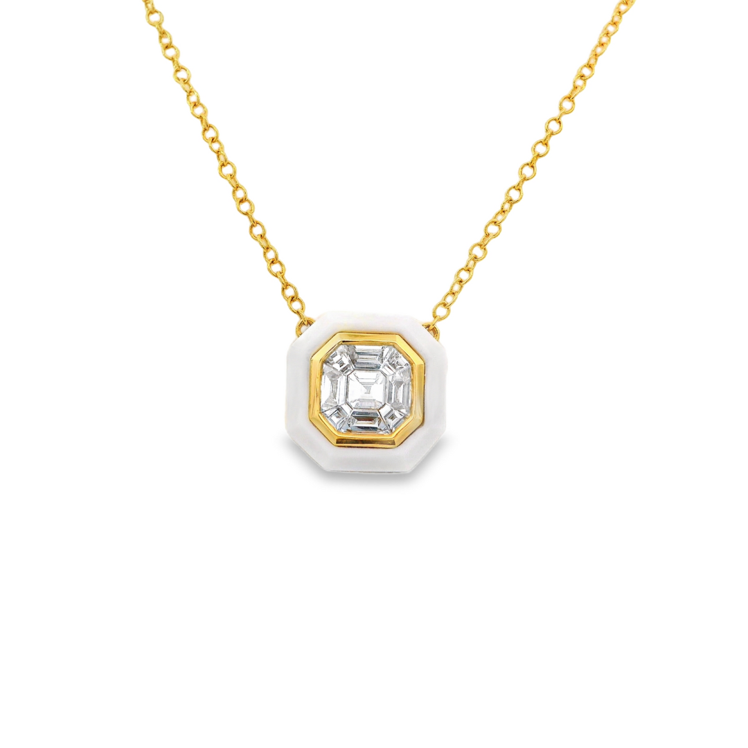 18K Yellow Gold - Invisible Set Diamond & White Agate Necklace - J35005