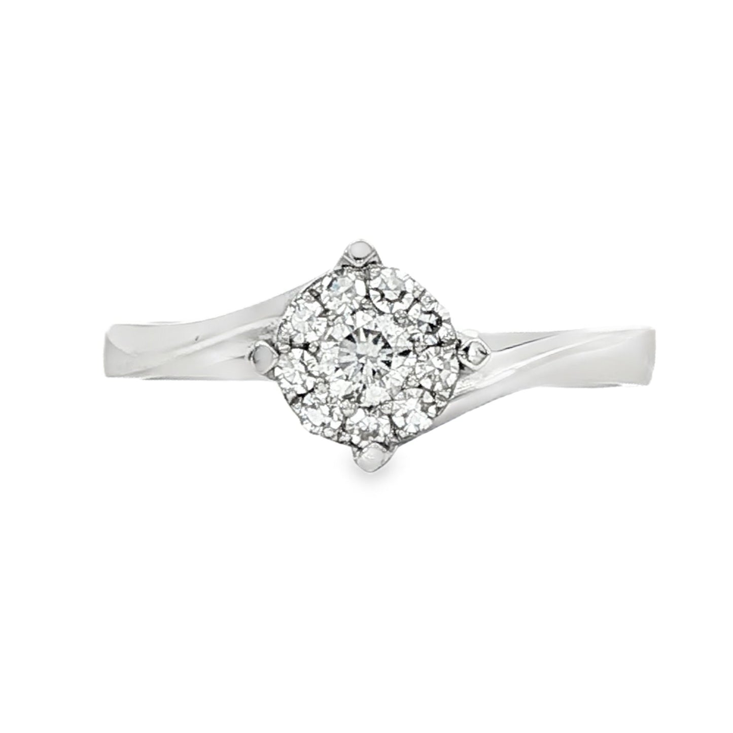 18K White gold diamond cluster ring with bypass style shank. Item 18250 - ABC Jewelry Co.