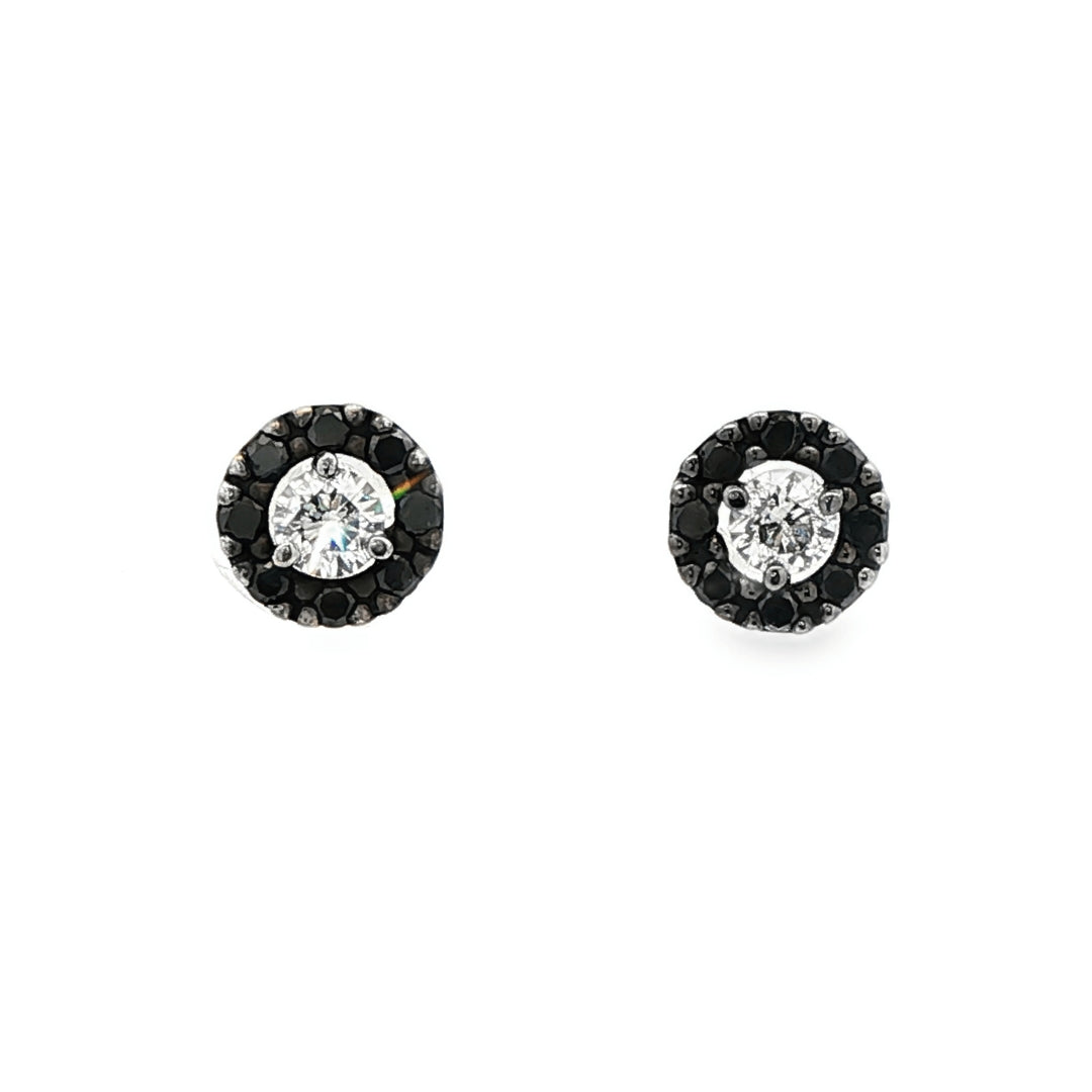 14K White gold earring with round brilliant diamond center stone surrounded by a black diamond halo. Item 19175 - ABC Jewelry Co.