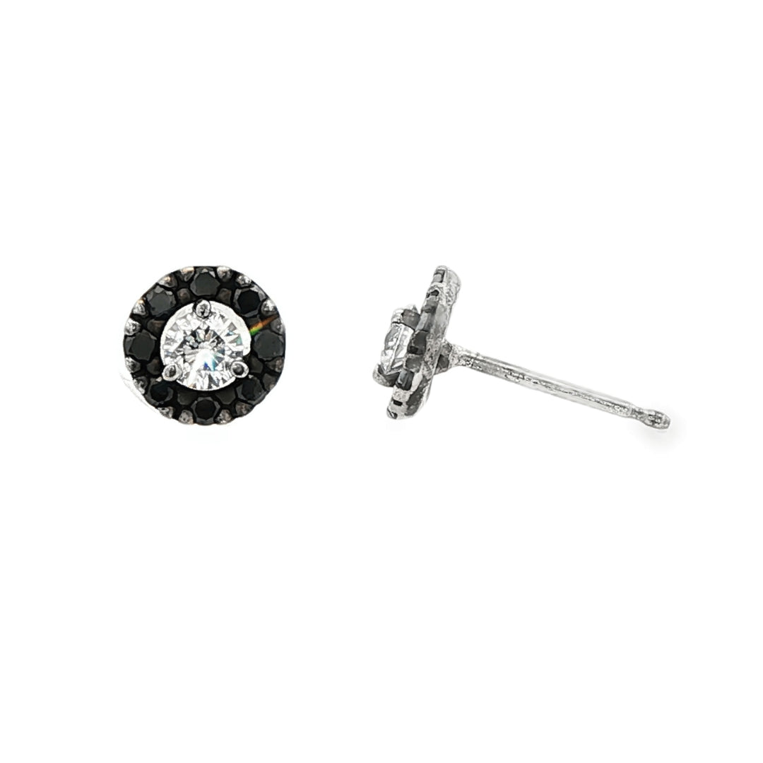 14K White gold earring with round brilliant diamond center stone surrounded by a black diamond halo. Item 19175 - ABC Jewelry Co.