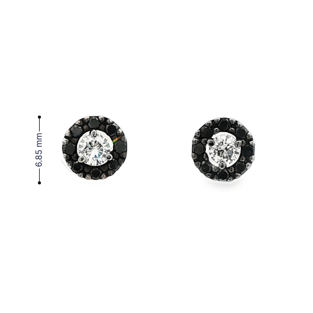 14K White gold earring with round brilliant diamond center stone surrounded by a black diamond halo. Item 19175 - ABC Jewelry Co.