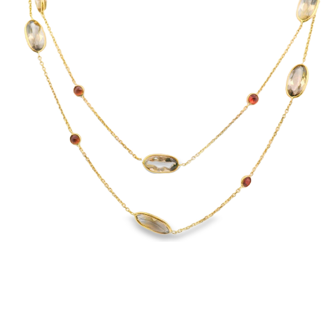 14K Yellow Gold - Smoky Topaz & Garnet Necklace - 12295