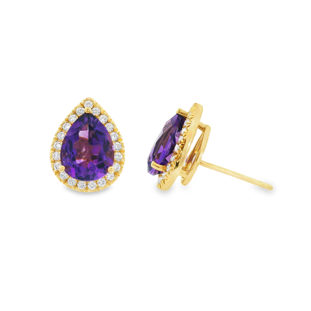 14K Yellow Gold - Amethyst & Diamond Earrings - J37127
