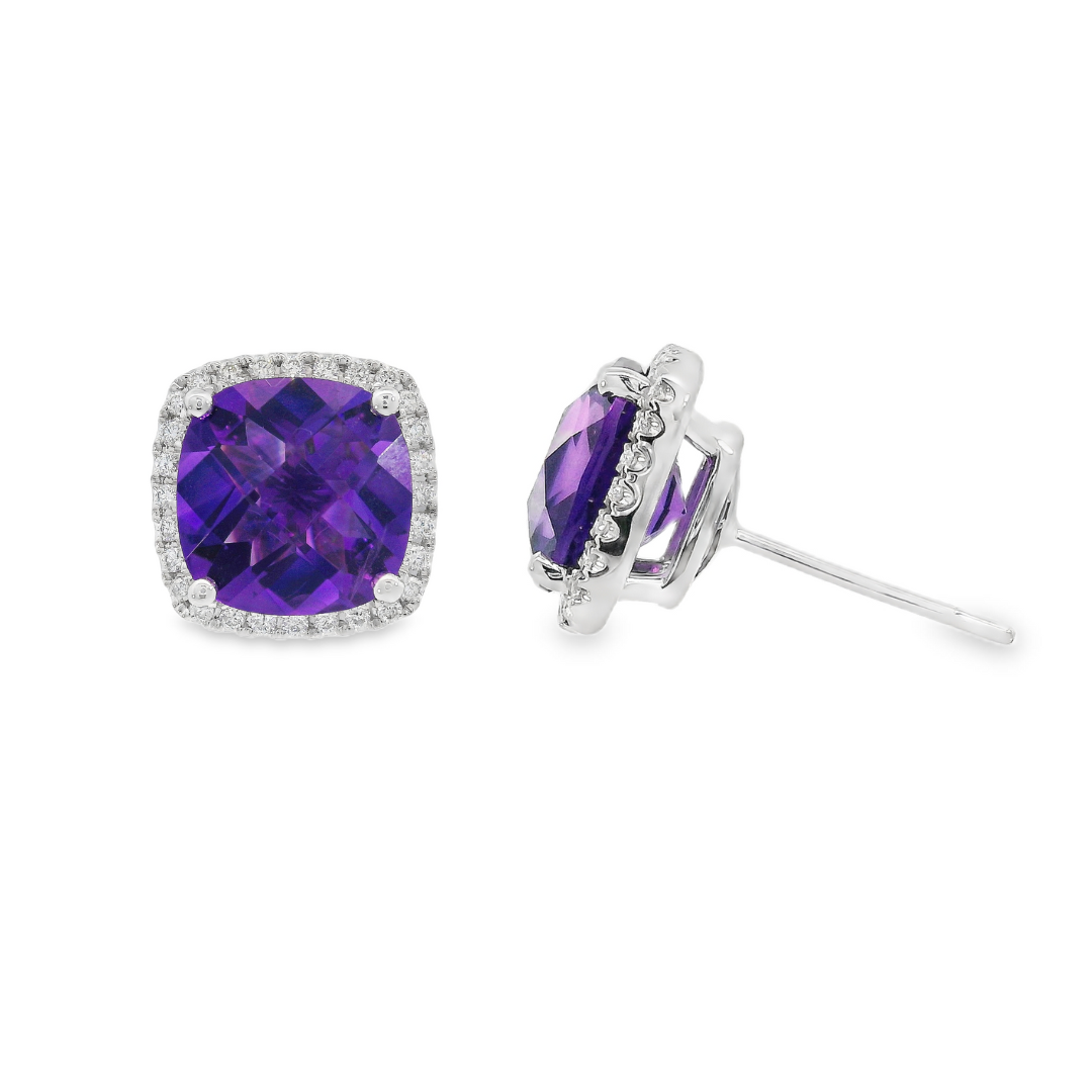 14K White Gold - Amethyst & Diamond Earrings - J37128