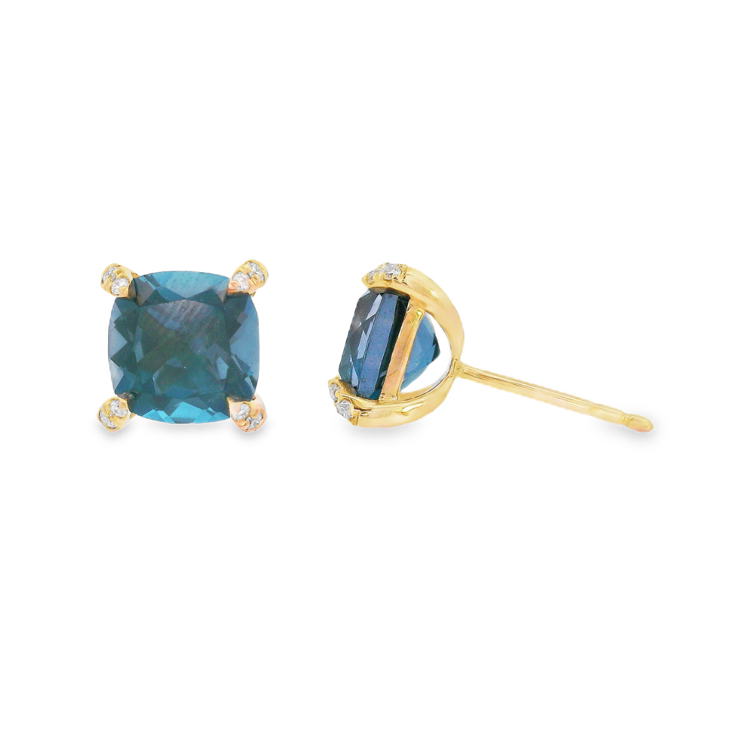 14K Yellow Gold - Blue Topaz & Diamond Earrings - J37499