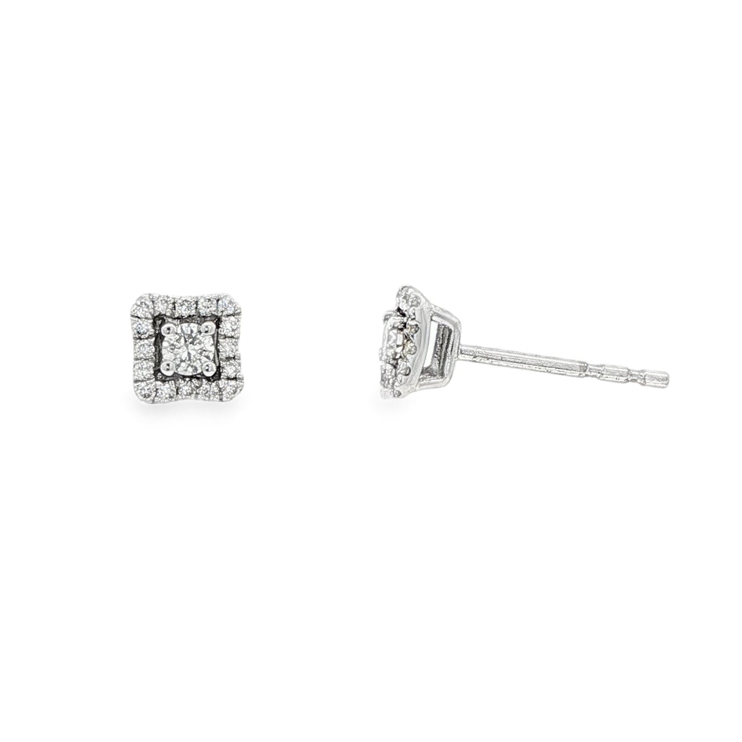 14K White gold diamond earrings set with a round brilliant center and square halo of round diamonds. Item 24903 - ABC Jewelry Co.