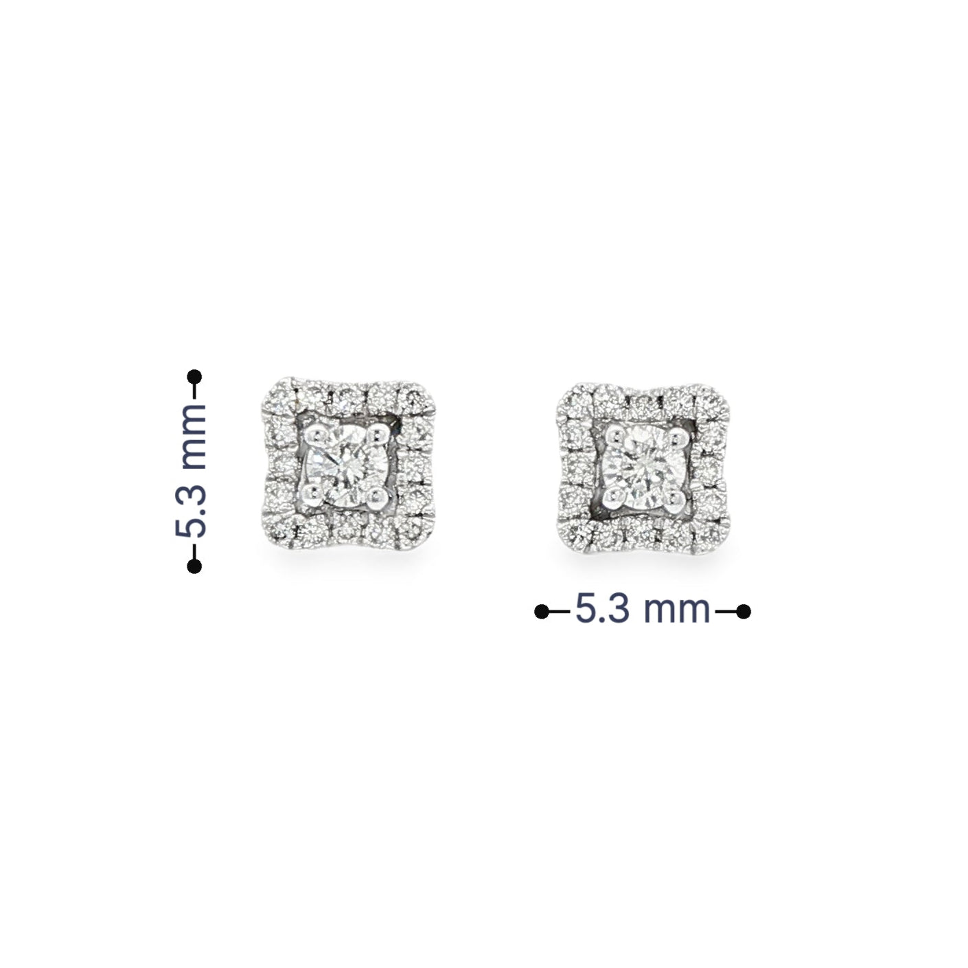 14K White gold diamond earrings set with a round brilliant center and square halo of round diamonds. Item 24903 - ABC Jewelry Co.
