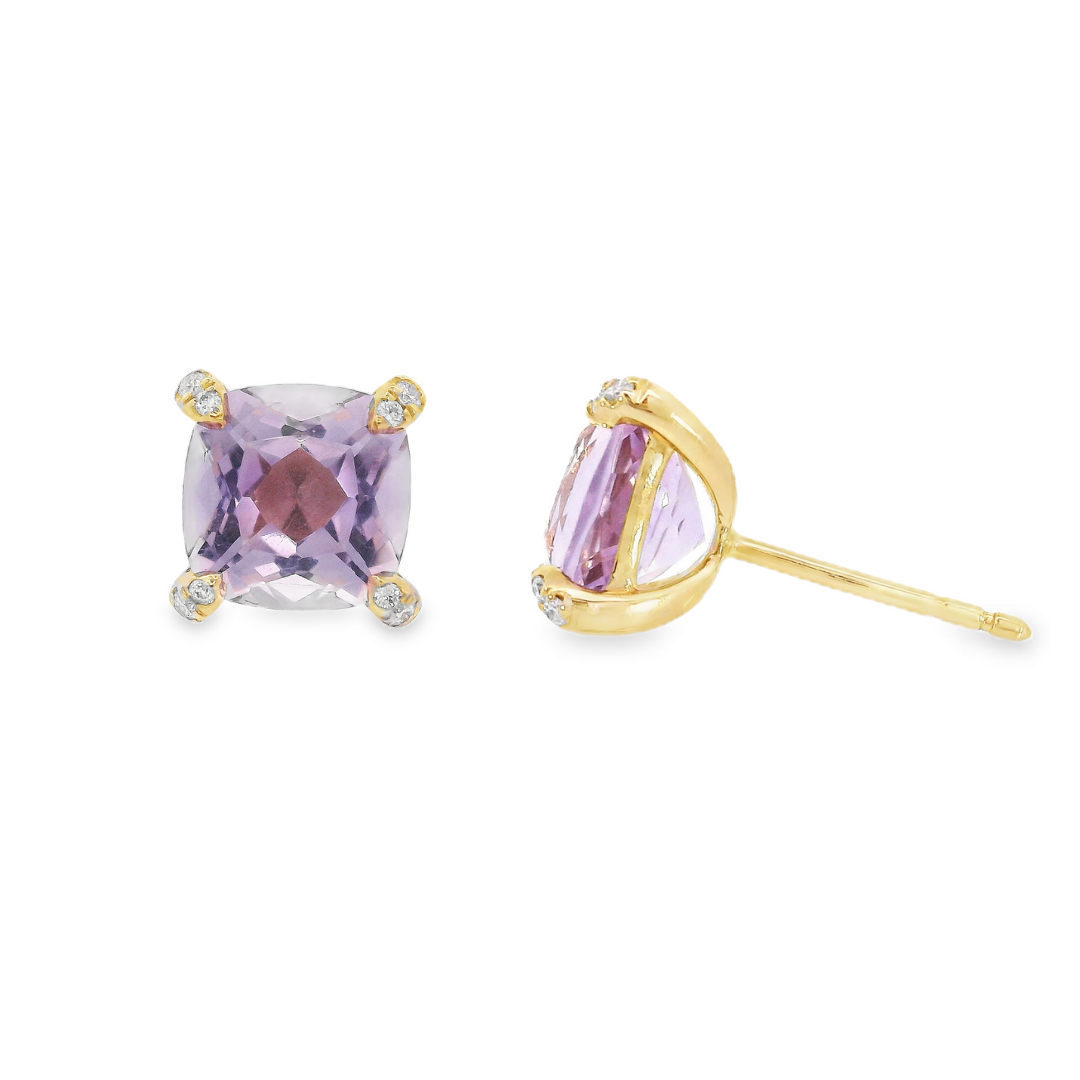 14K Yellow Gold - Pink Amethyst & Diamond Earrings - J37500