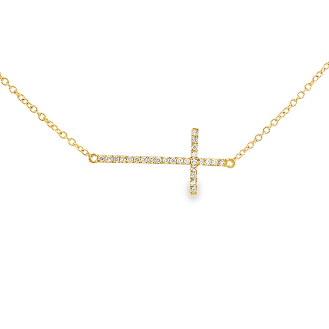 18K Yellow gold necklace with diamond set horizontal cross pendant. Item J36131 - ABC Jewelry Co.