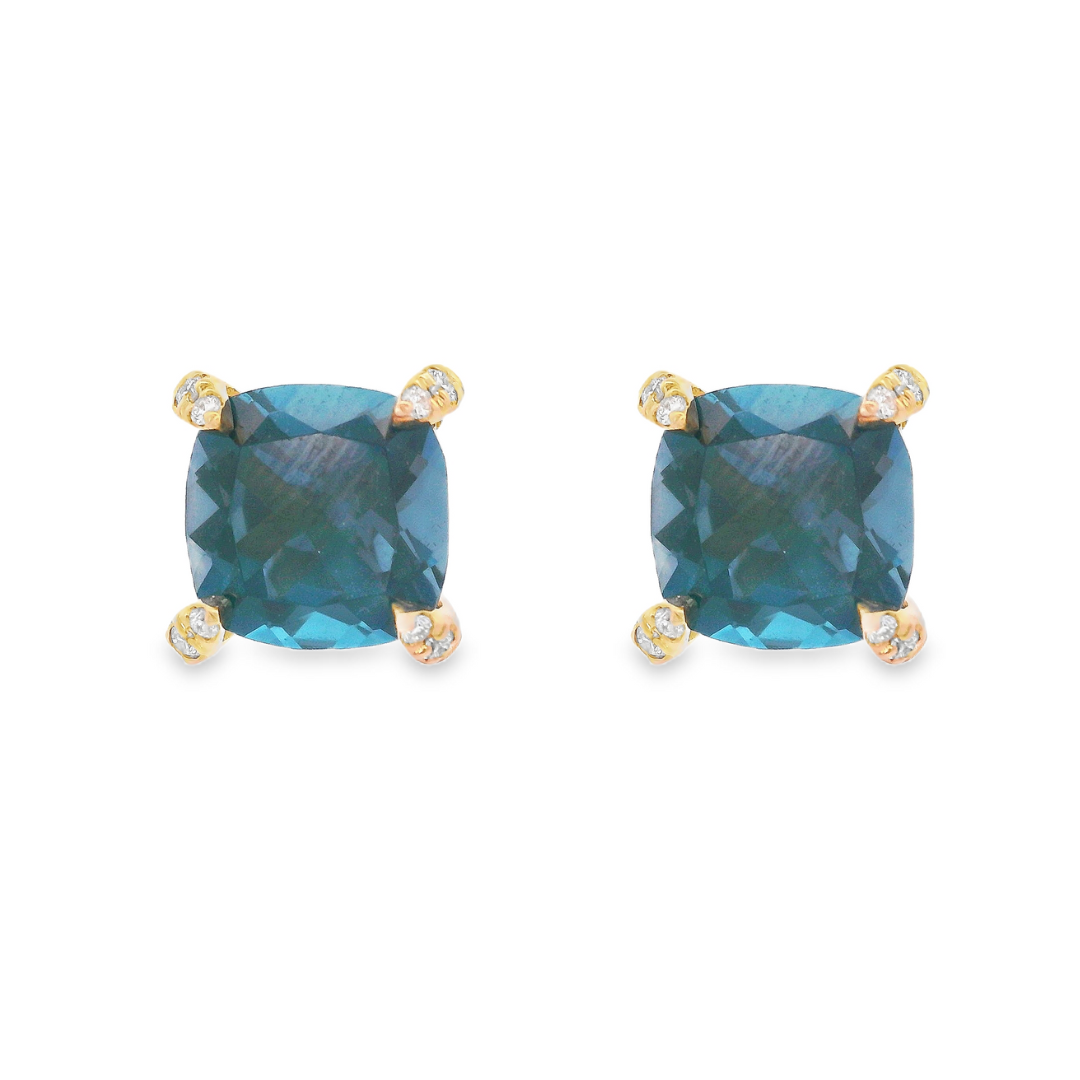 14K Yellow Gold - Blue Topaz & Diamond Earrings - J37499