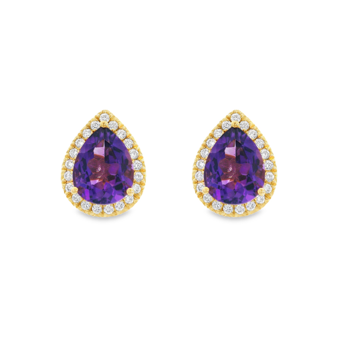 14K Yellow Gold - Amethyst & Diamond Earrings - J37127