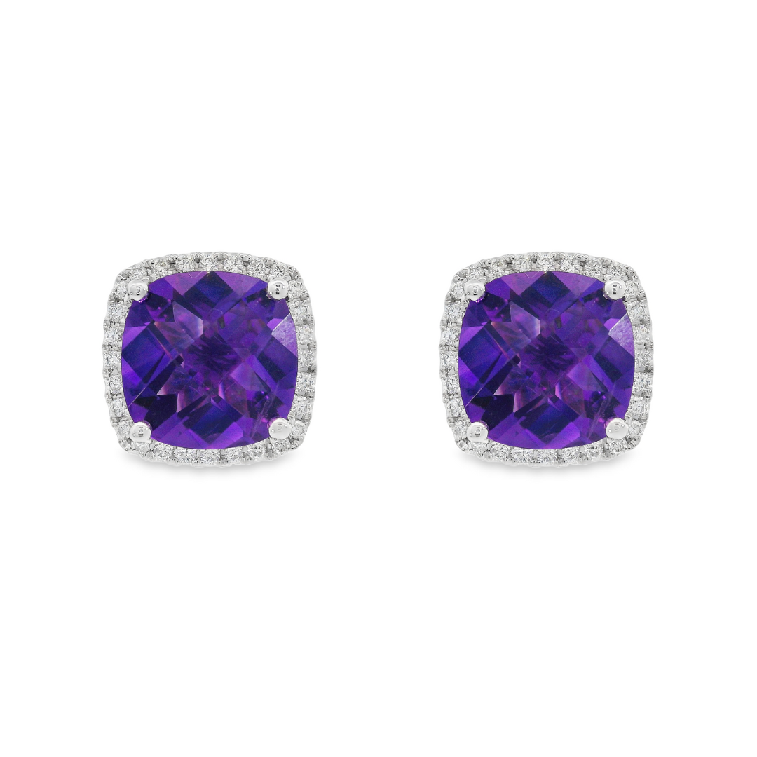 14K White Gold - Amethyst & Diamond Earrings - J37128