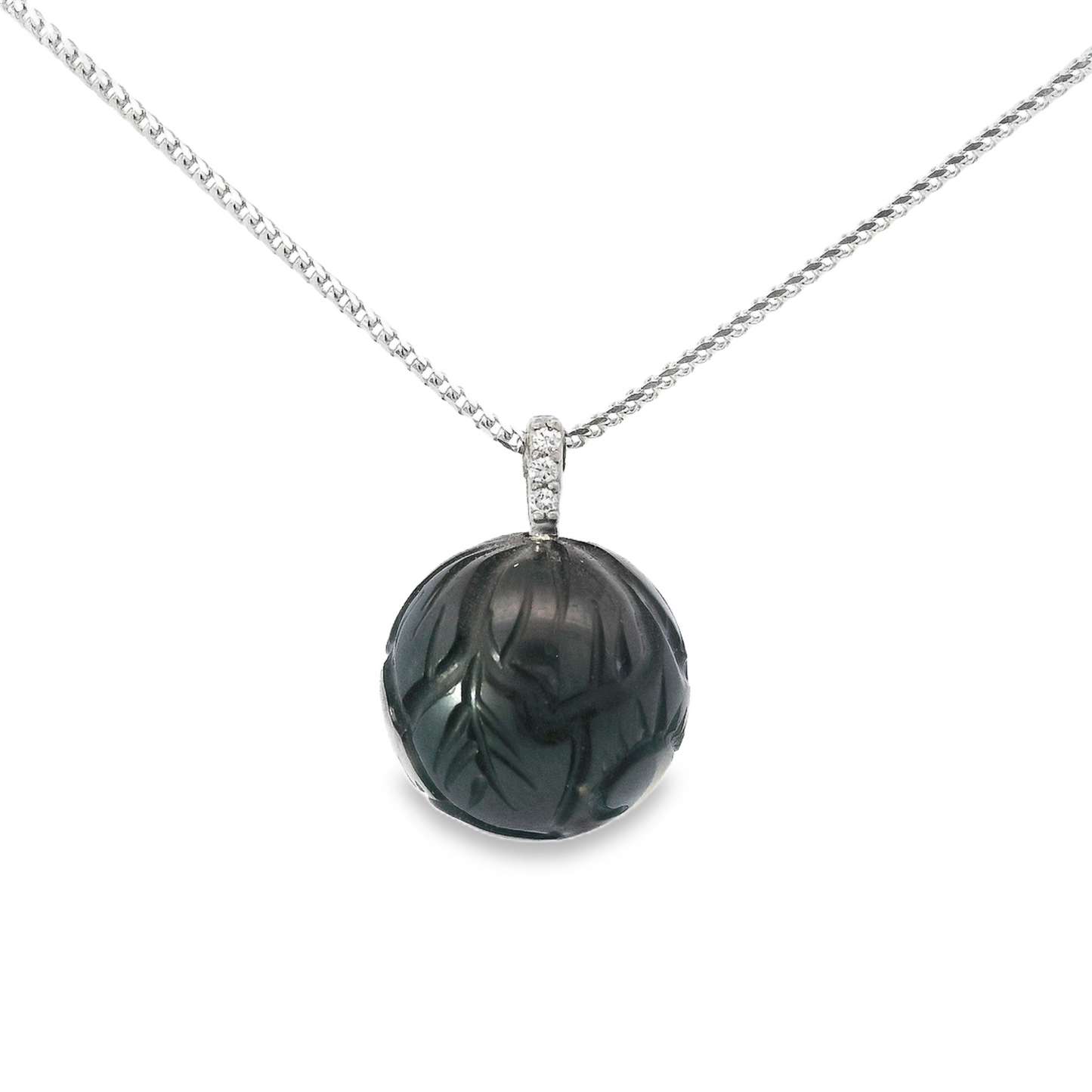 14K White Gold - Hand Carved Black Pearl Pendant - J30217