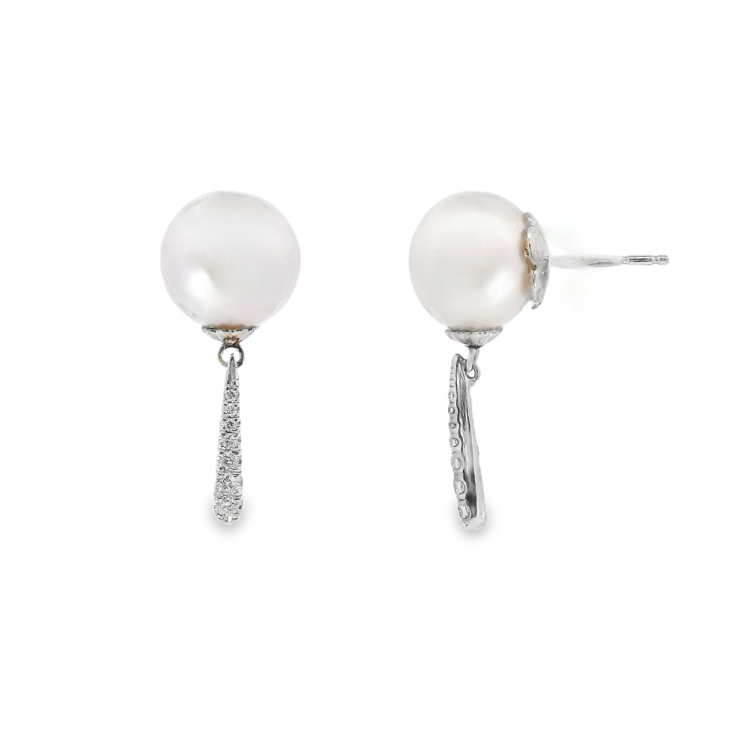 14K White Gold - Pearl & Diamond Earrings - J34203