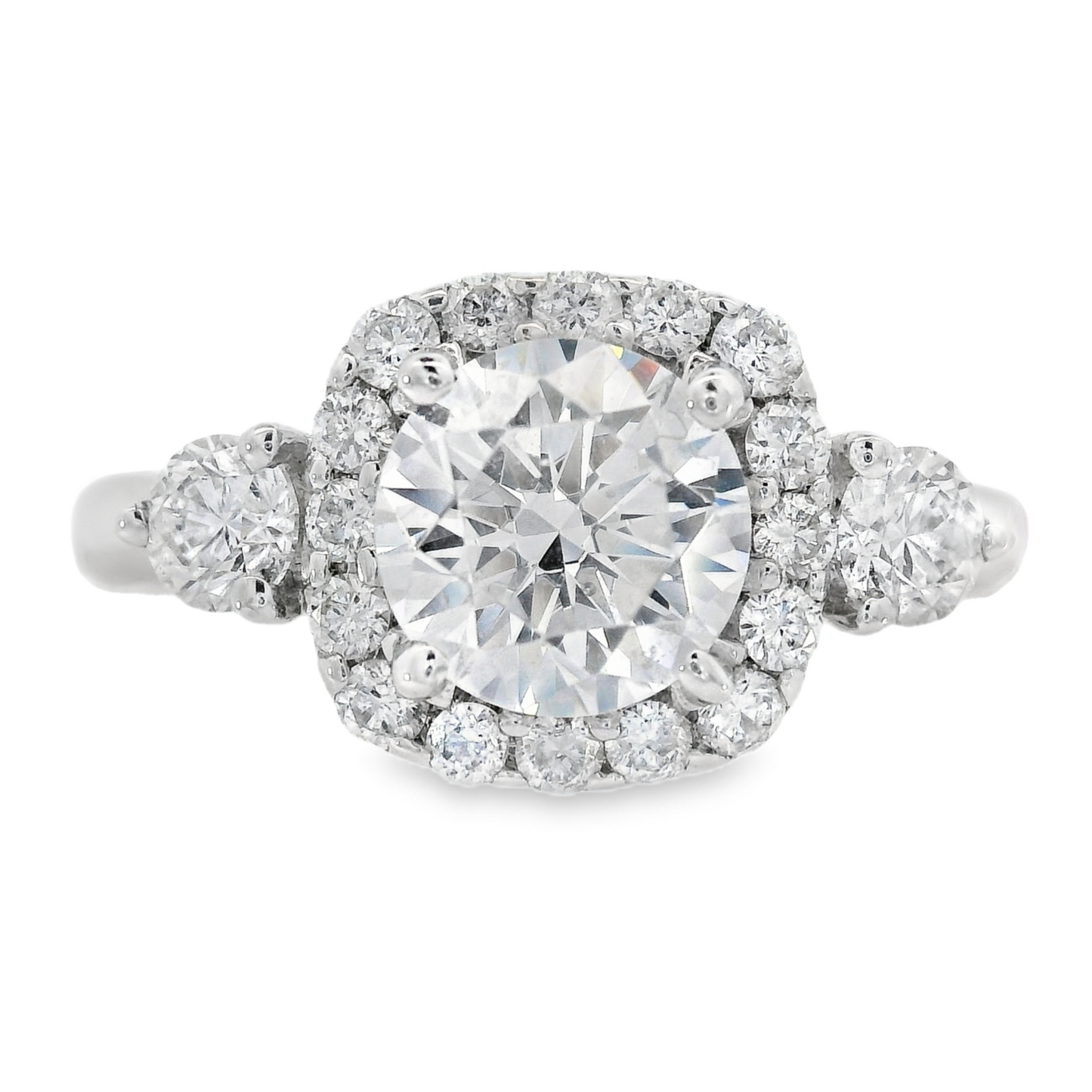 14K White Gold - Three Stone Diamond Halo Ring - J31766