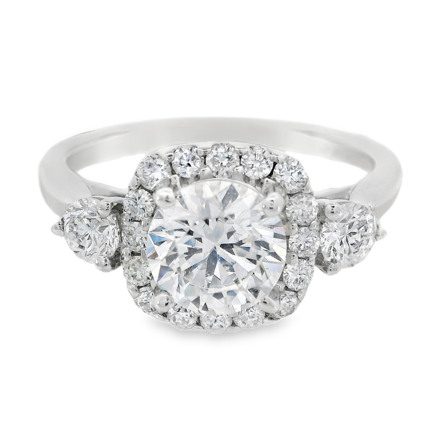 14K White Gold - Three Stone Diamond Halo Ring - J31766