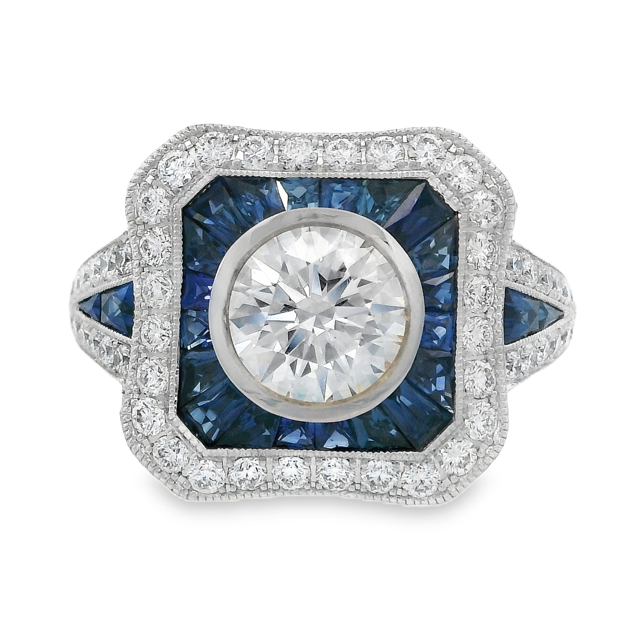 18K White Gold - Art Deco Style Diamond & Sapphire Ring - J32017