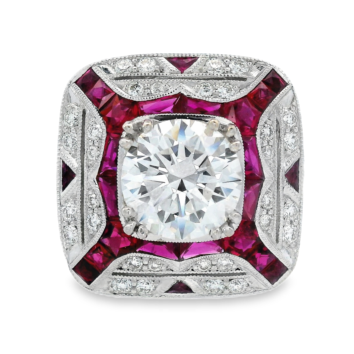 18K White Gold - Diamond & Ruby Art Deco Ring - J32018