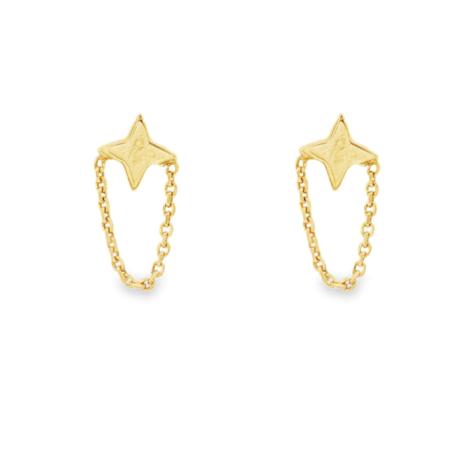 14K Yellow gold star burst earrings with delicate chain accents. Item J32110 - ABC Jewelry Co.