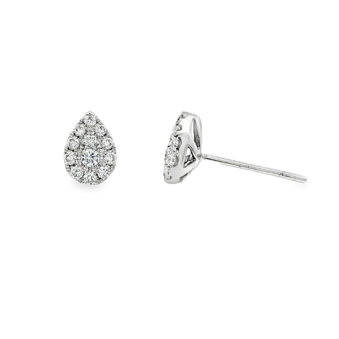 14K White gold earrings set with round brilliant diamonds set in a pear shape setting. Item J32154 - ABC Jewelry Co.