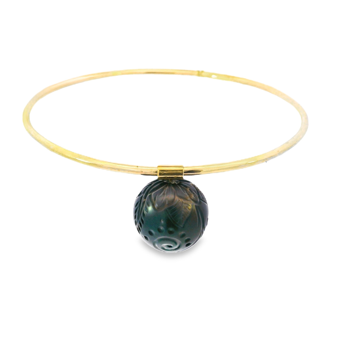 10K Yellow Gold - Hand Carved Black Pearl Bangle - J32647