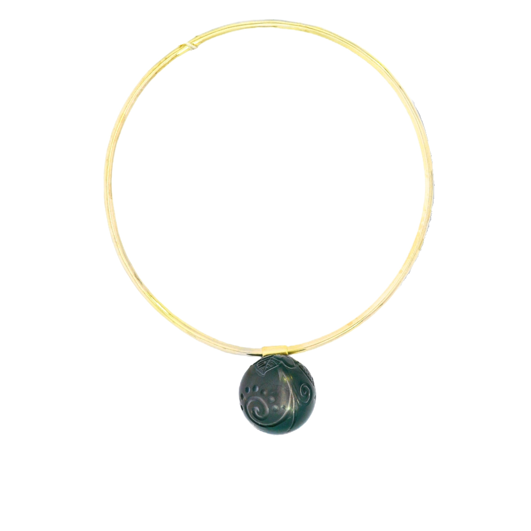 10K Yellow Gold - Hand Carved Black Pearl Bangle - J32647