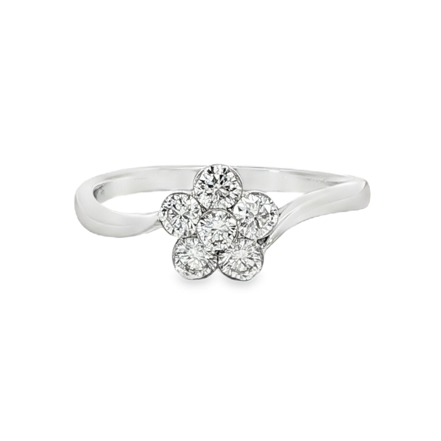 18K White gold diamond cluster ring in floral design with bypass style shank. Item J33161 - ABC Jewelry Co