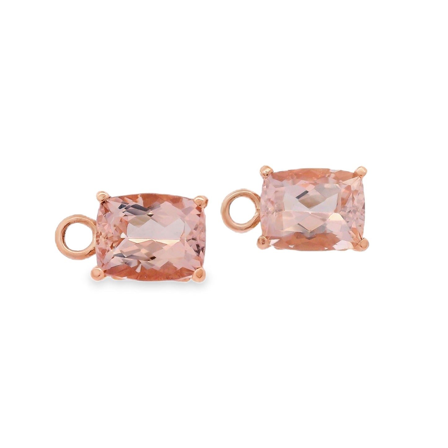 14K Rose gold earring jackets each featuring a cushion cut morganite. Item J34293 - ABC Jewelry Co.