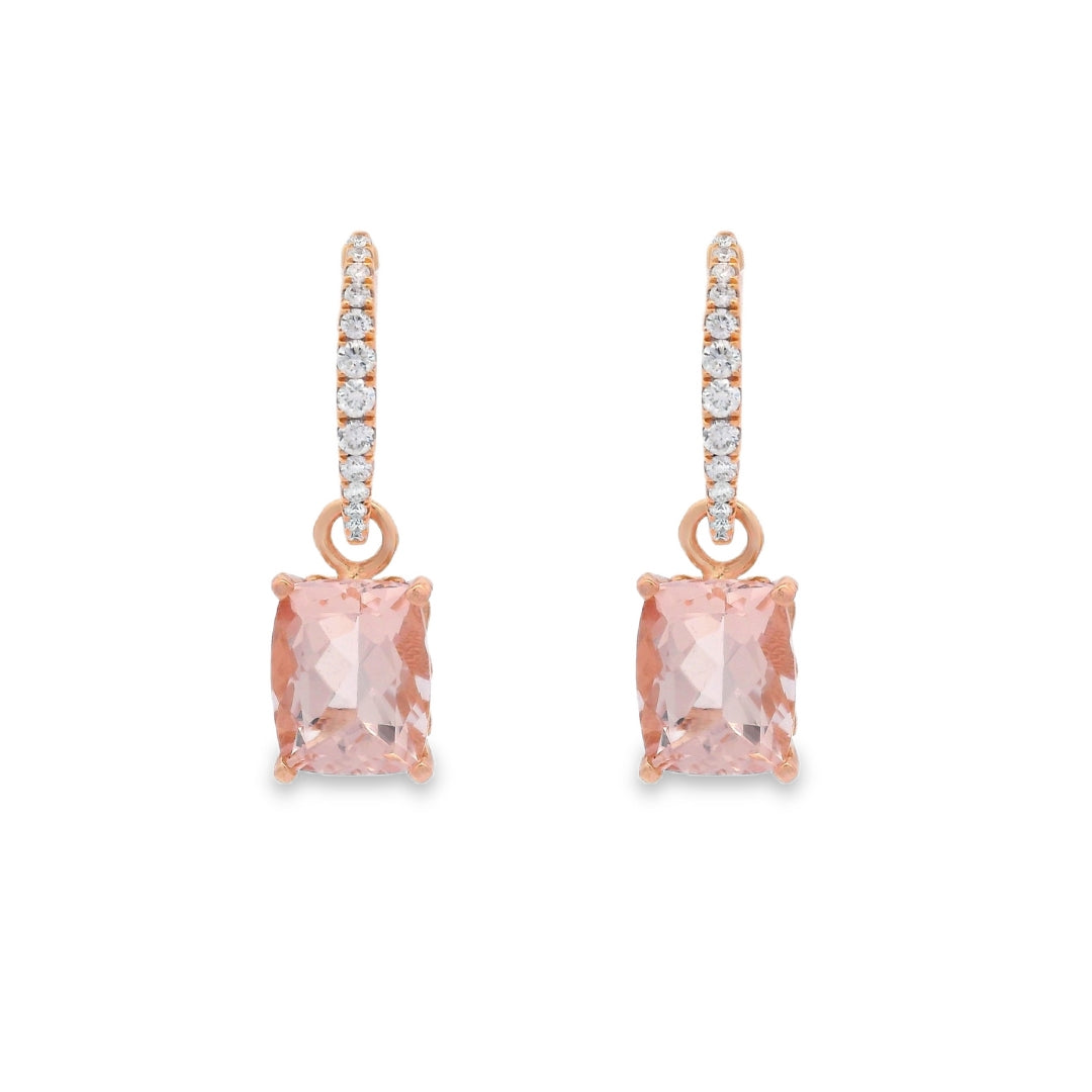14K Rose gold earring jackets each featuring a cushion cut morganite. Item J34293 - ABC Jewelry Co.