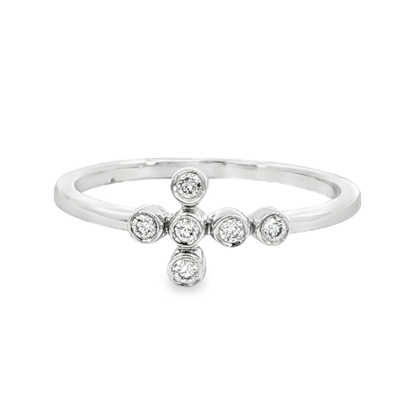 14K White gold ring with asymmetrical bezel set round diamonds. Item J34457 - ABC Jewelry Co