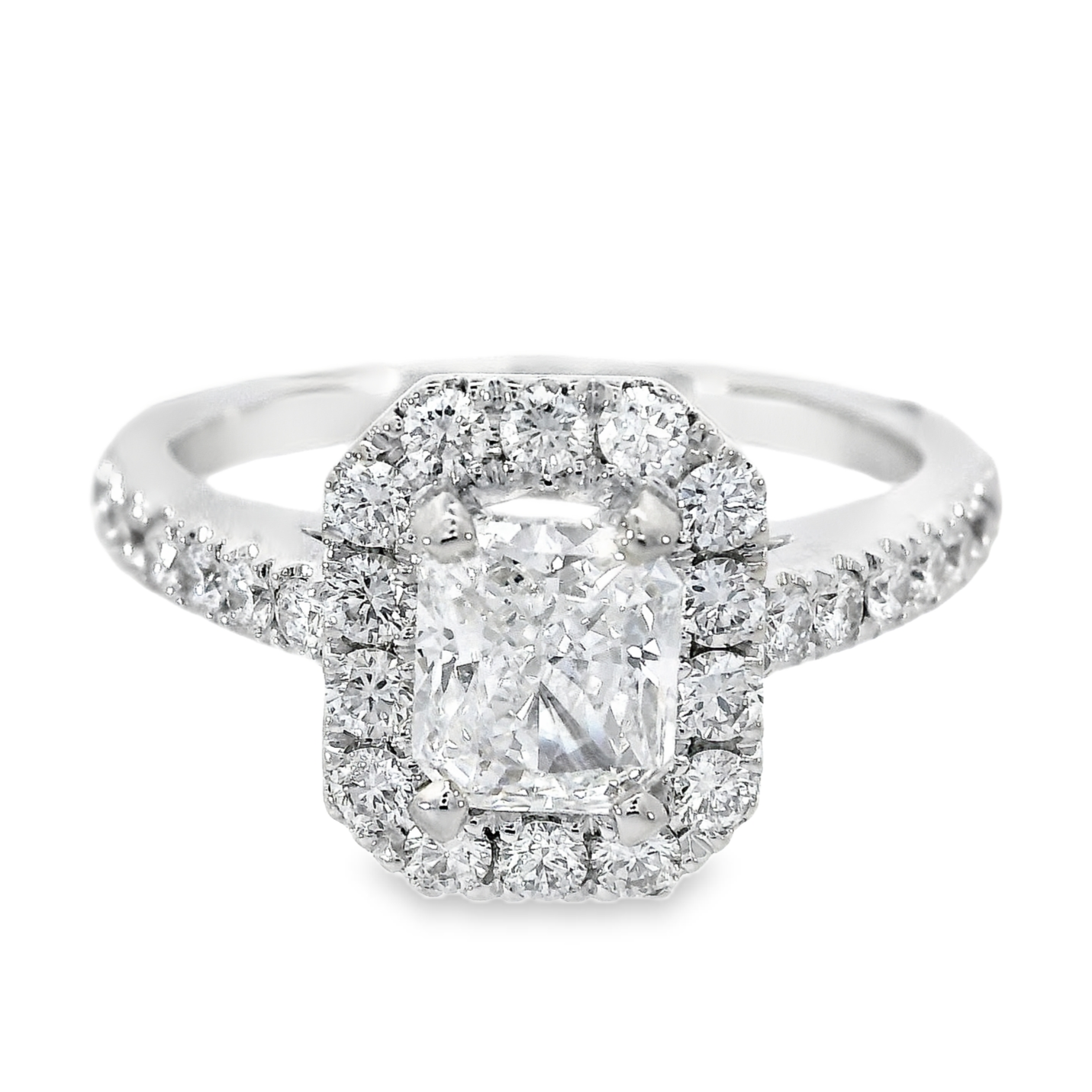 18K White Gold - Radiant Cut Diamond Halo Engagement Ring - J35249