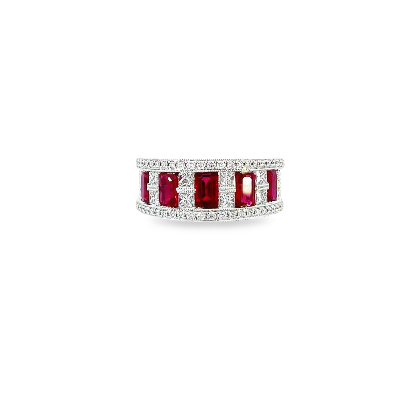 Emerald cut Rubies and diamond band- J35824