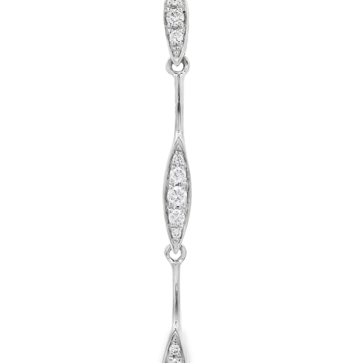 14K White gold dangle earrings with sets of round brilliant diamonds set along the length. Item J36044 - ABC Jewelry Co