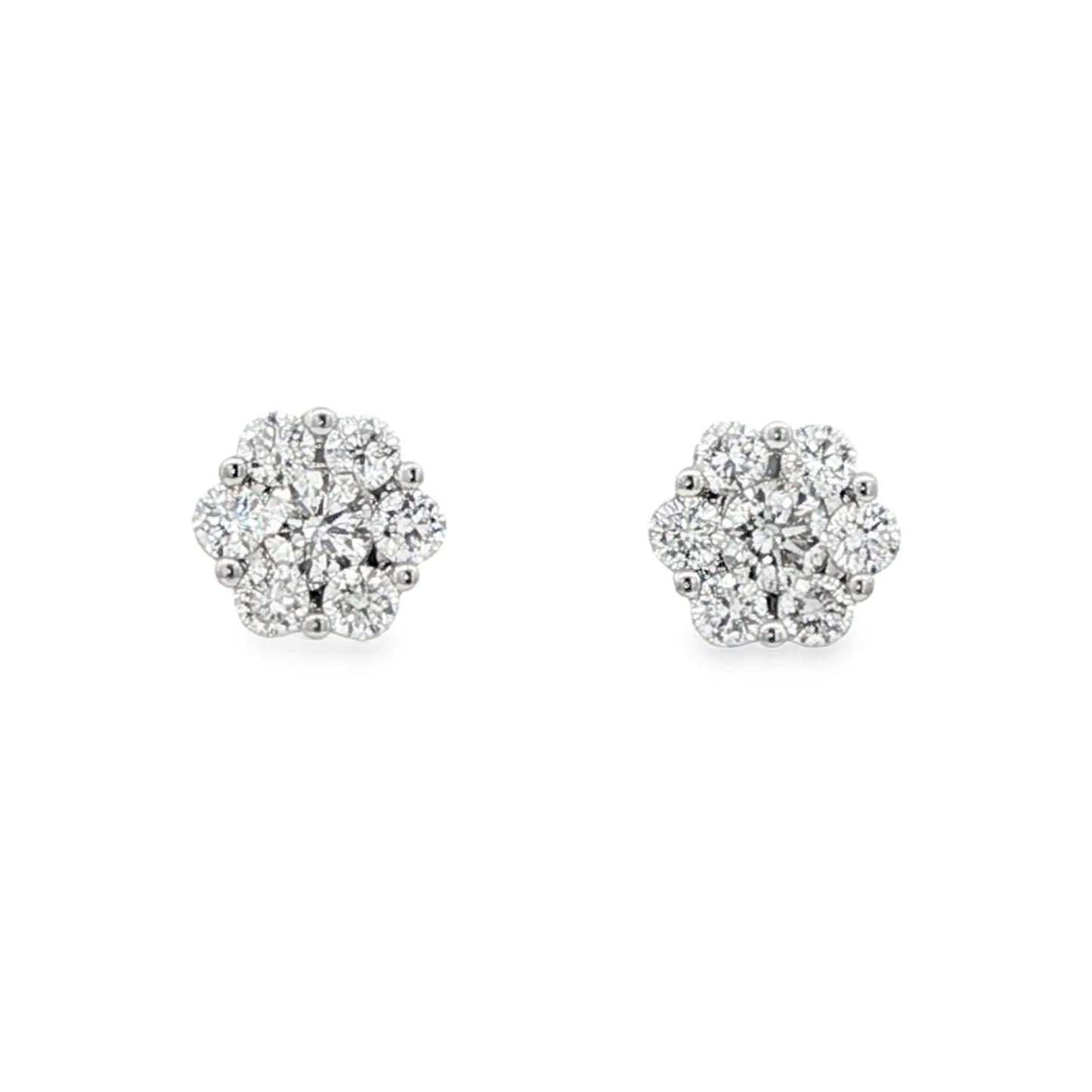 18K White gold earrings with a cluster of round brilliant diamonds. Item J37097 - ABC Jewelry Co.