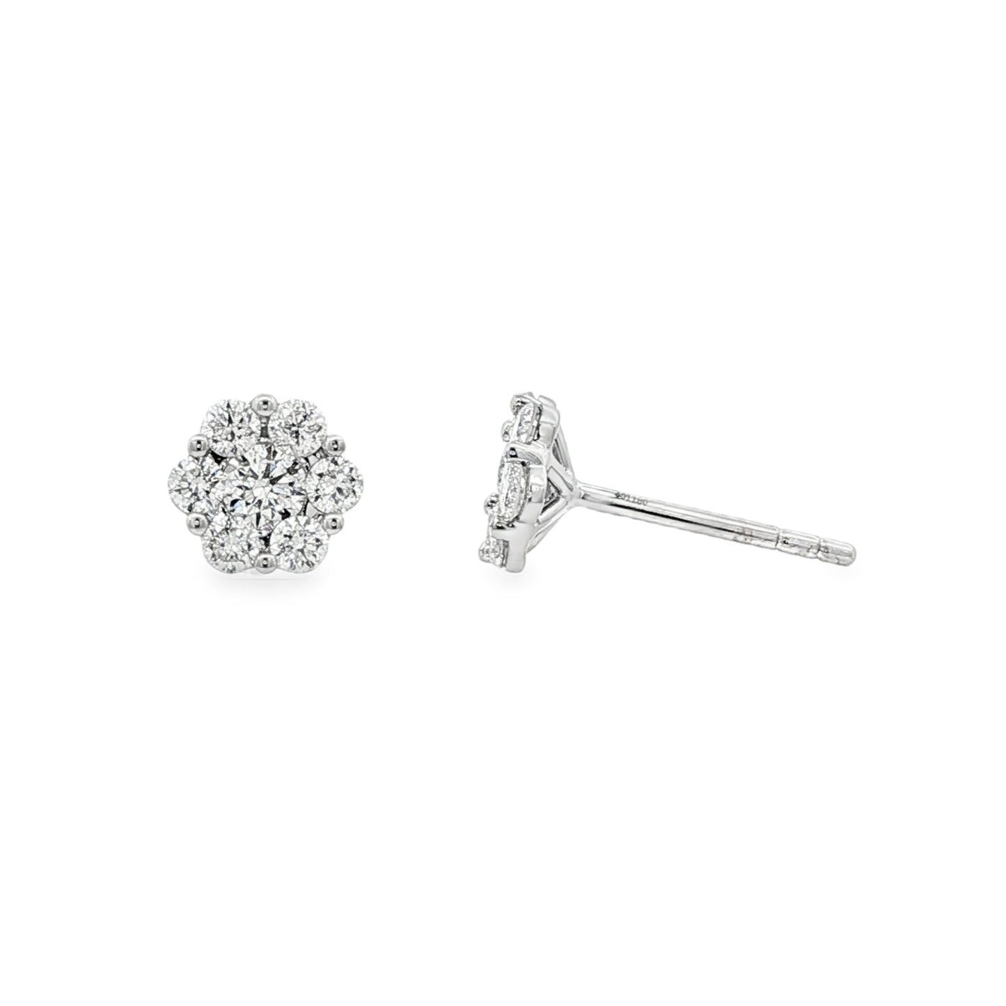 18K White gold earrings with a cluster of round brilliant diamonds. Item J37097 - ABC Jewelry Co.