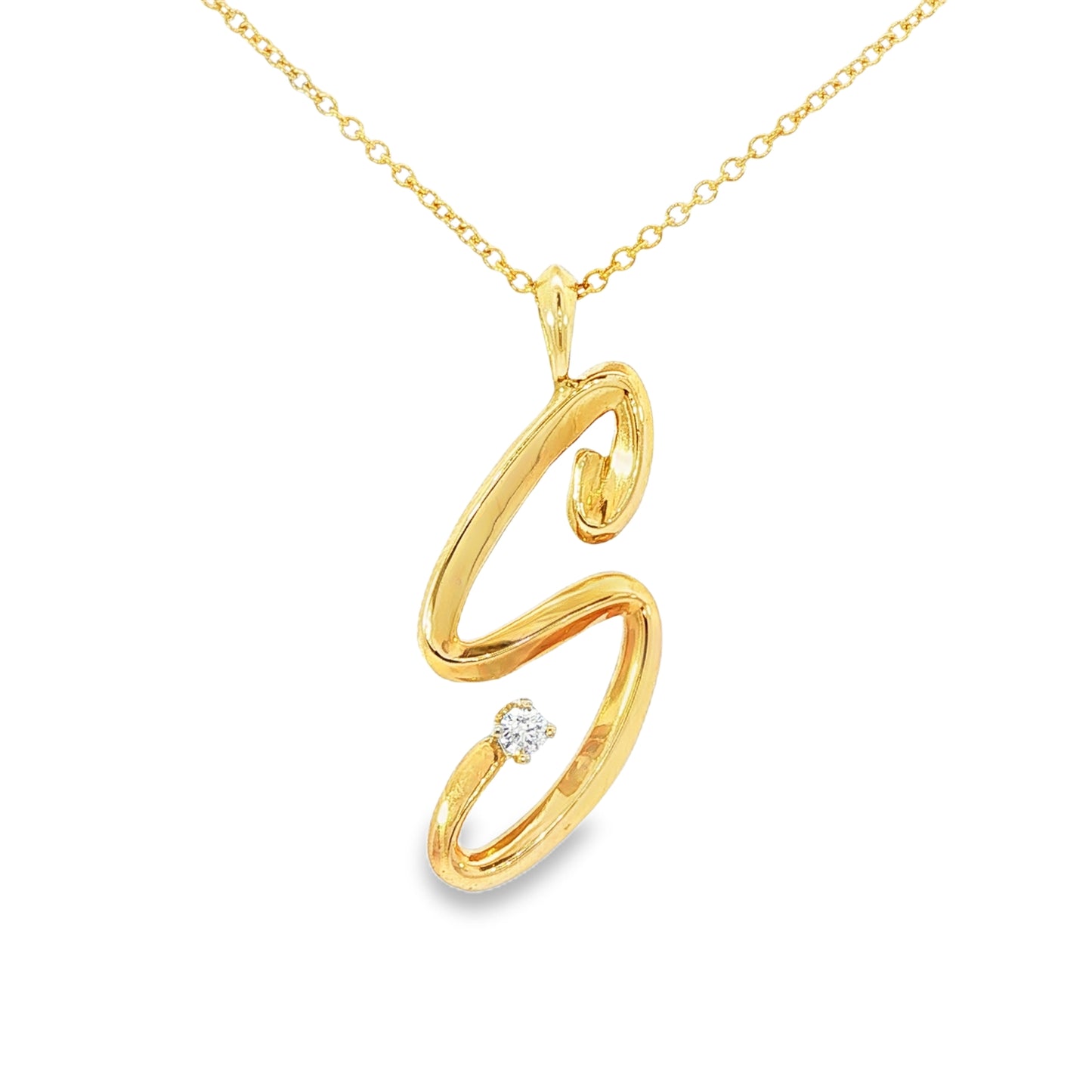 14K Yellow gold initial "S" pendant set with one round brilliant diamond. Item J37145 - ABC Jewelry Co.