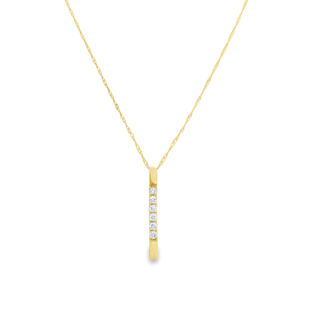 14K Yellow gold bar pendant necklace set with 6 round brilliant diamonds. Item J37535 - ABC Jewelry Co.
