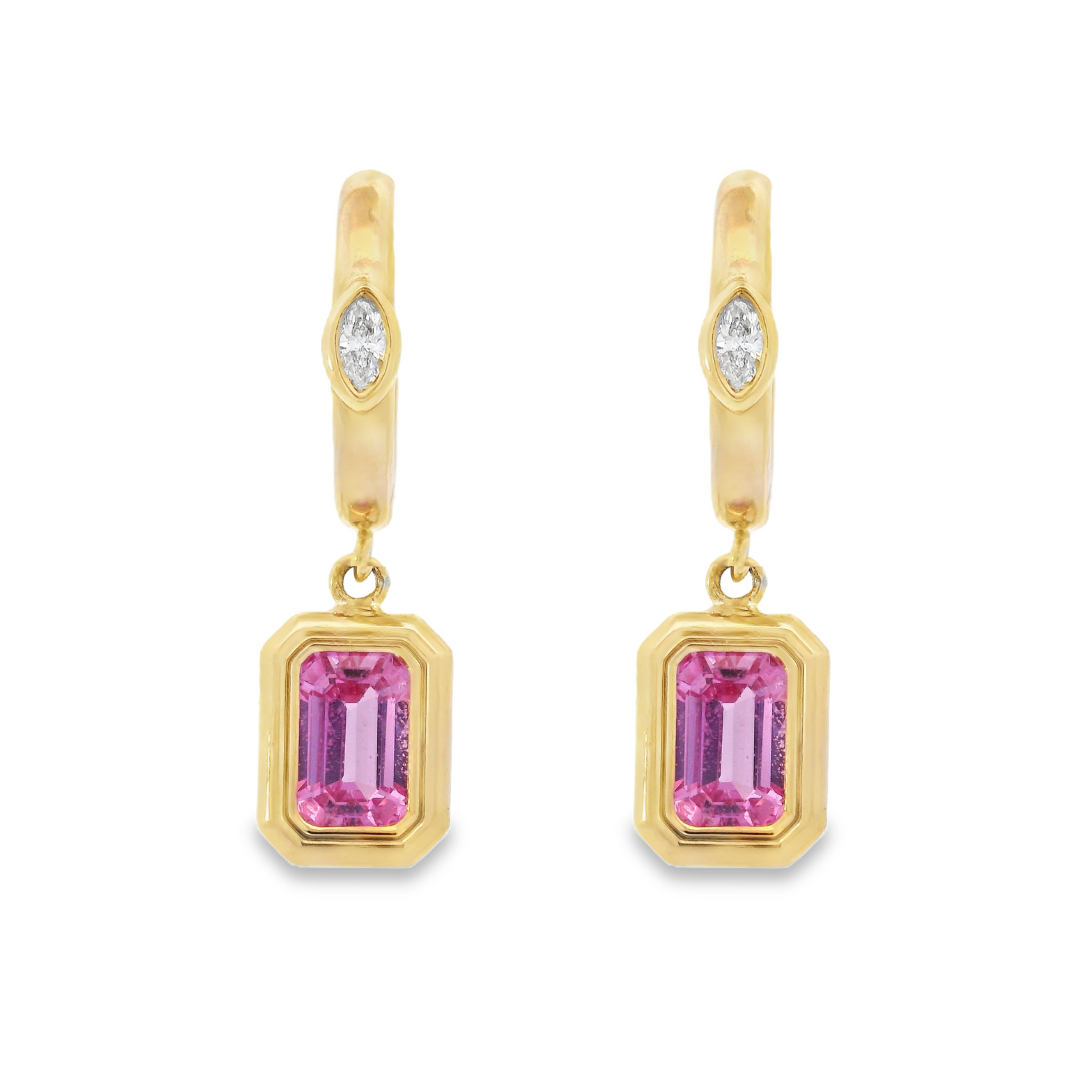 14K Yellow Gold - Pink Sapphire & Diamond Drop Earrings - J37626