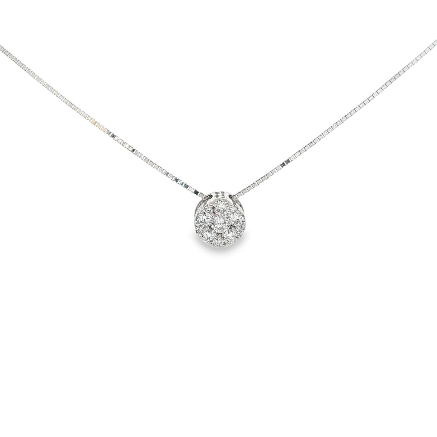 18K White gold diamond cluster pendant set with round brilliant diamonds. Item J37717 - ABC Jewelry Co.