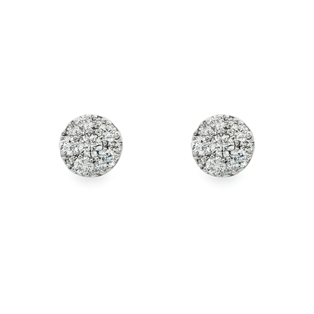 18K White gold earrings with a cluster of round brilliant diamonds. Item J37727 - ABC Jewelry Co.