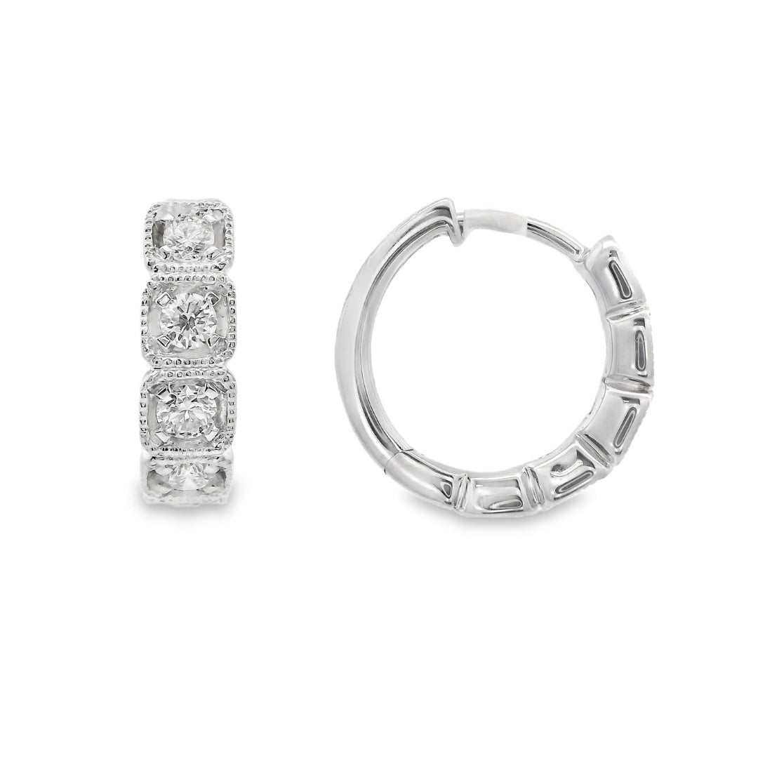14K White Gold - Milgrain Diamond Hoop Earrings - J37822