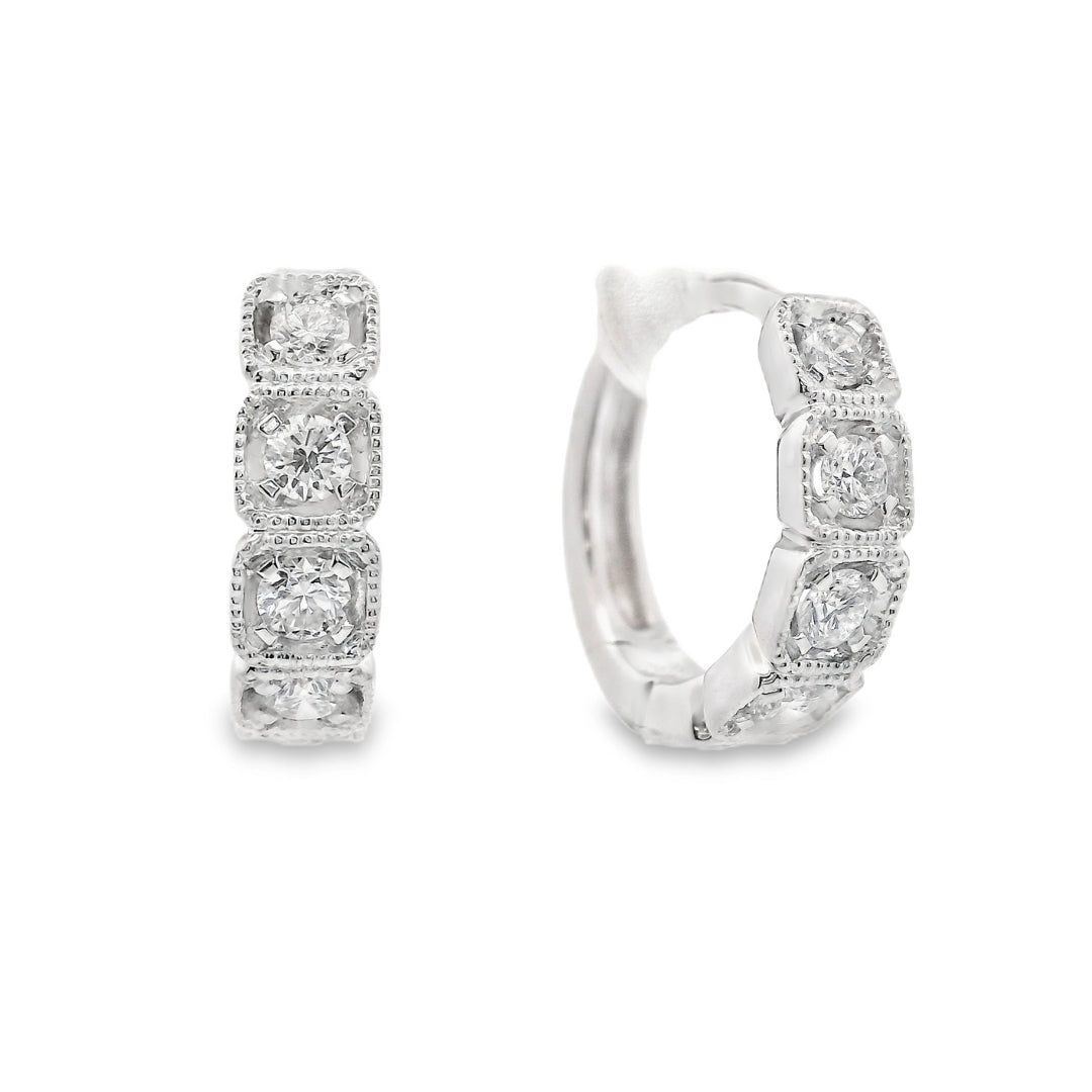 14K White Gold - Milgrain Diamond Hoop Earrings - J37822
