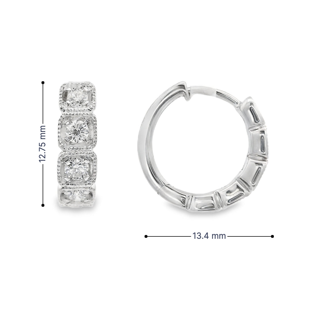 14K White Gold - Milgrain Diamond Hoop Earrings - J37822