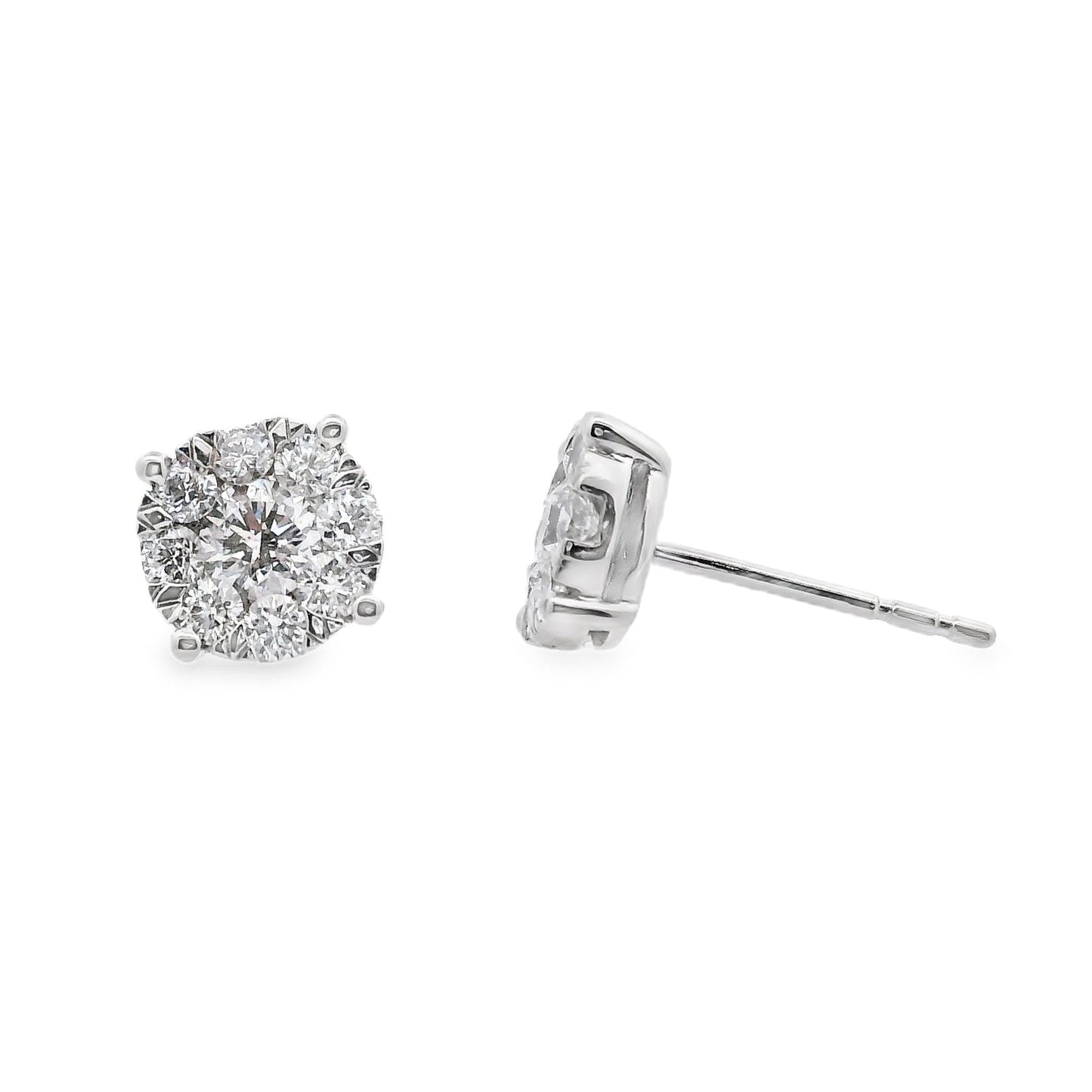 14K White gold diamond earrings with round brilliant centers surrounded by a halo of smaller round brilliant diamonds - item J37823, ABC Jewelry Co.